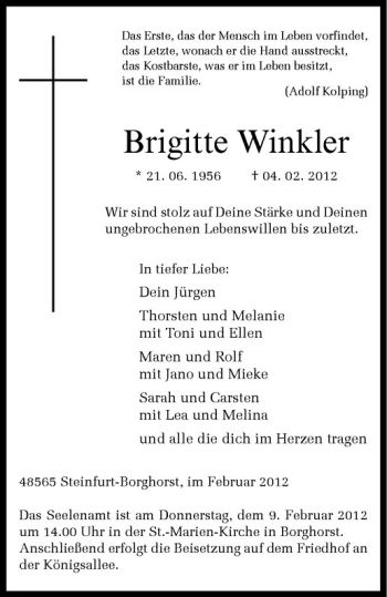 Anzeige von Brigitte Winkler von Westfälische Nachrichten