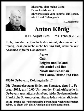 Anzeige von Anton König von Westfälische Nachrichten