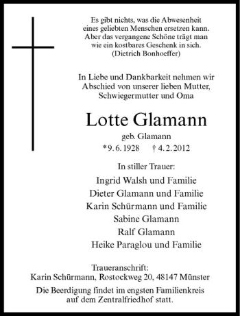 Anzeige von Lotte Glamann von Westfälische Nachrichten