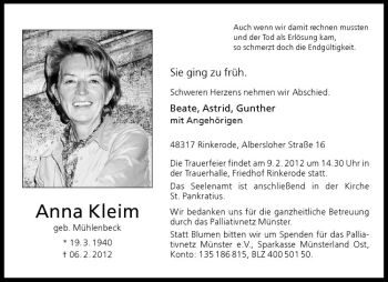 Anzeige von Anna Kleim von Westfälische Nachrichten