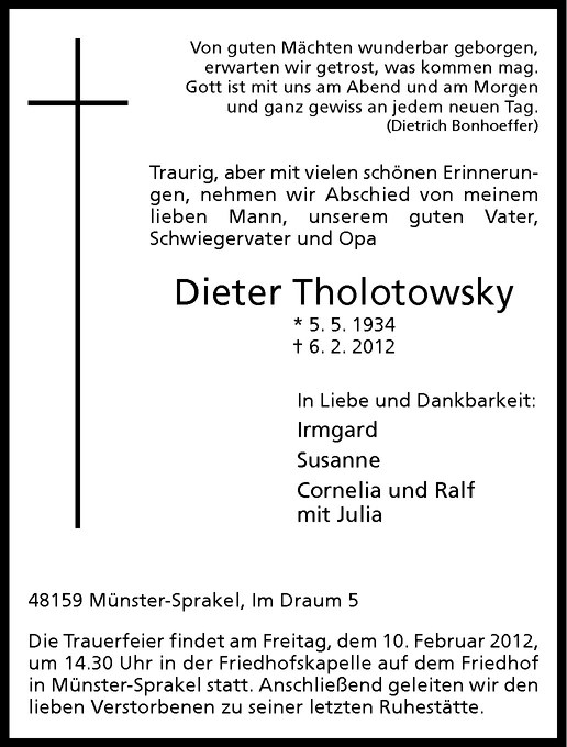  Traueranzeige für Dieter Tholotowsky vom 08.02.2012 aus Westfälische Nachrichten