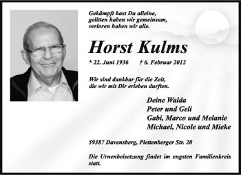 Anzeige von Horst Kulms von Westfälische Nachrichten