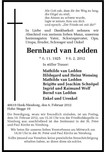 Anzeige von Bernhard van Ledden von Westfälische Nachrichten