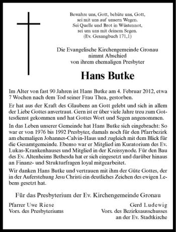 Anzeige von Hans Butke von Westfälische Nachrichten