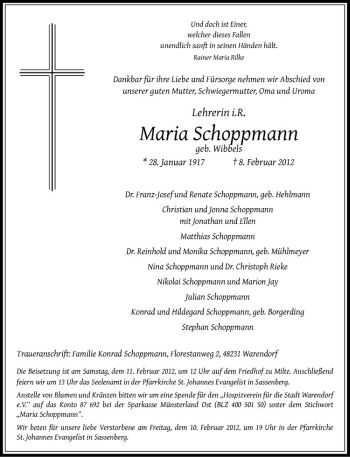 Anzeige von Maria Schoppmann von Westfälische Nachrichten