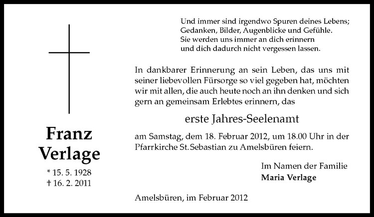  Traueranzeige für Franz Verlage vom 11.02.2012 aus Westfälische Nachrichten