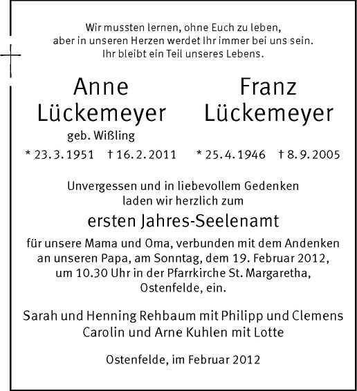  Traueranzeige für Anne Lückemeyer vom 11.02.2012 aus Westfälische Nachrichten