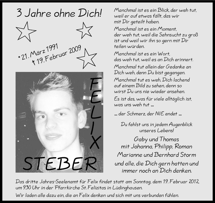  Traueranzeige für Felix Steber vom 15.02.2012 aus Westfälische Nachrichten