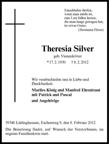 Anzeige von Theresia Silver von Westfälische Nachrichten