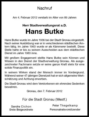 Anzeige von Hans Butke von Westfälische Nachrichten