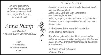 Anzeige von Anna Rump von Westfälische Nachrichten