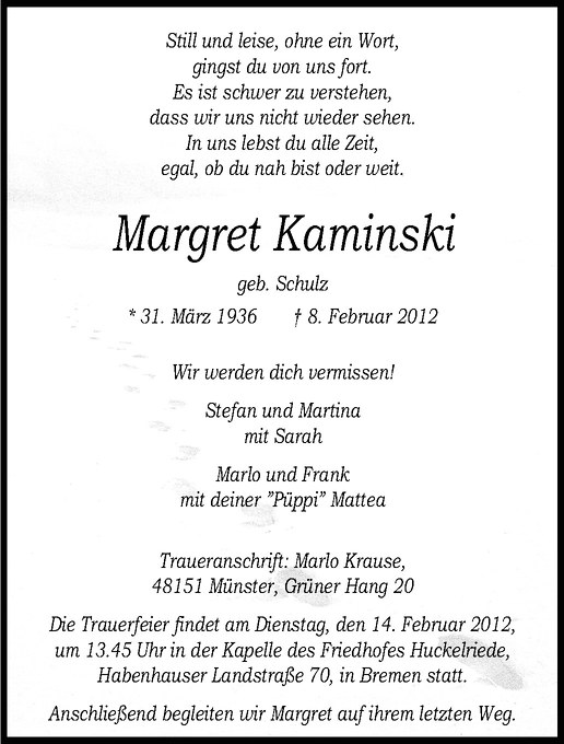  Traueranzeige für Margret Kaminski vom 11.02.2012 aus Westfälische Nachrichten