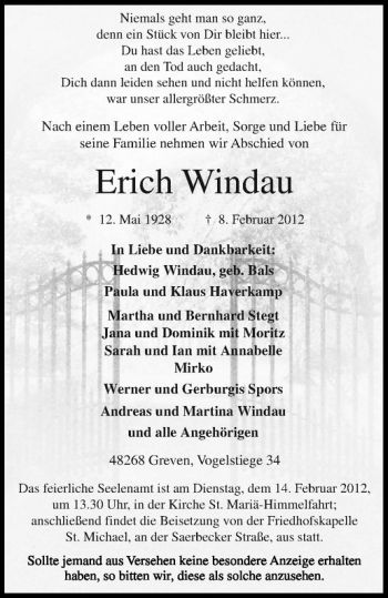 Anzeige von Erich Windau von Westfälische Nachrichten