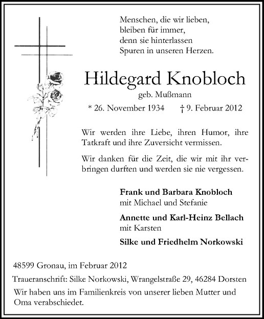  Traueranzeige für Hildegard Knobloch vom 15.02.2012 aus Westfälische Nachrichten