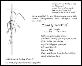 Anzeige von Erna Gretenkord von Westfälische Nachrichten