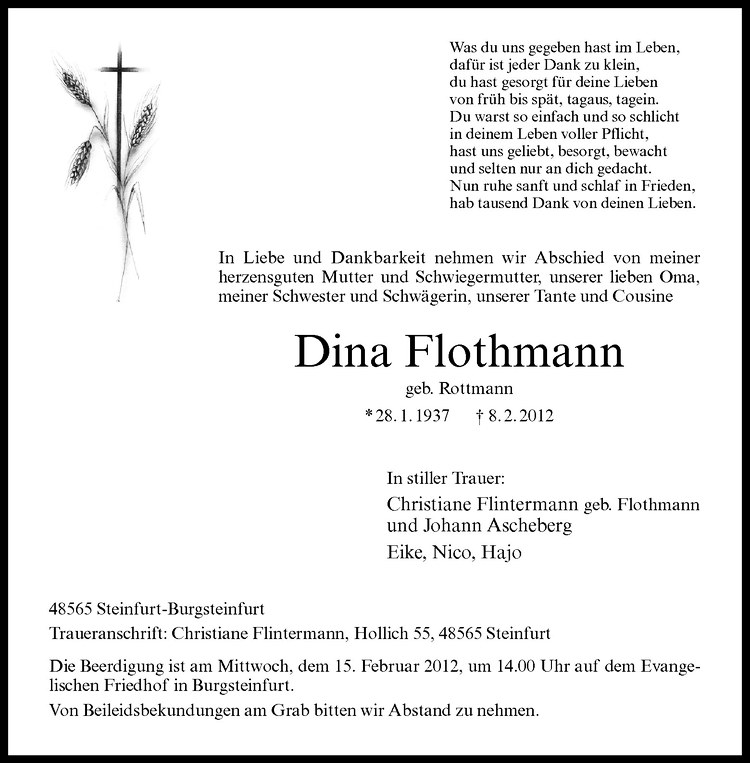  Traueranzeige für Dina Flothmann vom 13.02.2012 aus Westfälische Nachrichten