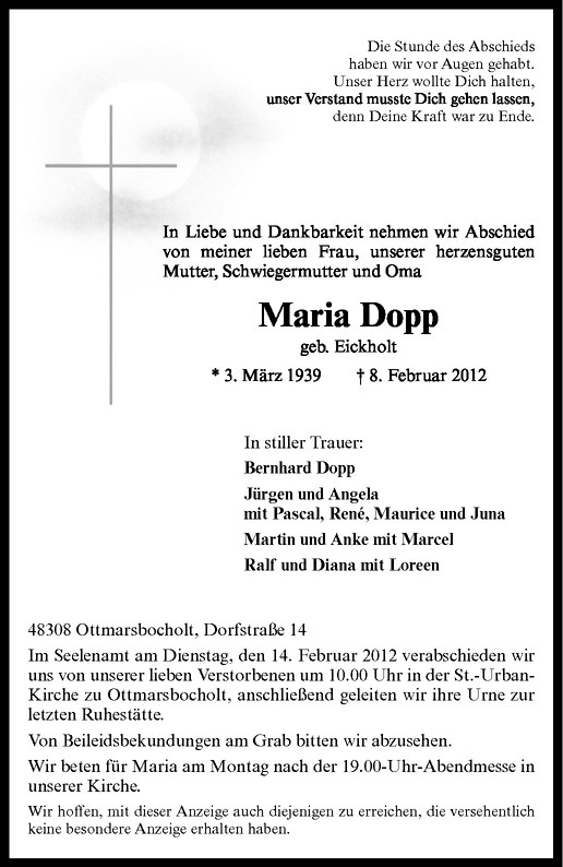  Traueranzeige für Maria Dopp vom 11.02.2012 aus Westfälische Nachrichten
