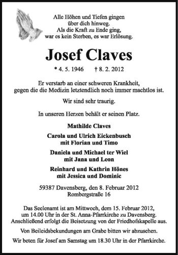 Anzeige von Josef Claves von Westfälische Nachrichten
