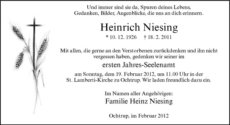  Traueranzeige für Heinrich Niesing vom 16.02.2012 aus Westfälische Nachrichten