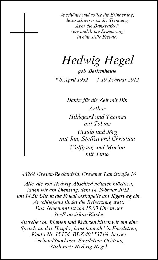  Traueranzeige für Hedwig Hegel vom 13.02.2012 aus Westfälische Nachrichten