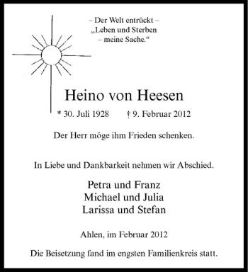 Anzeige von Heino von Heesen von Westfälische Nachrichten