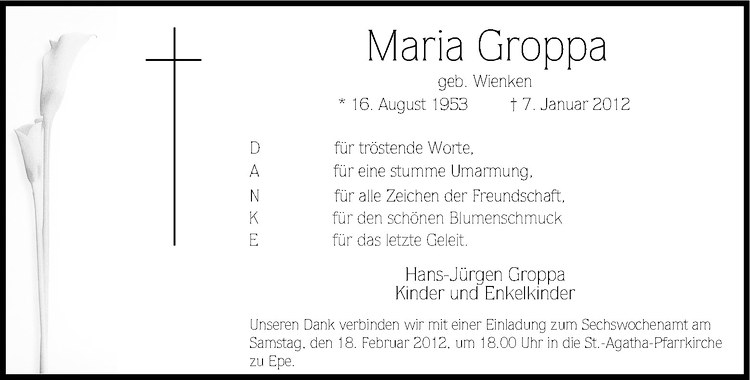  Traueranzeige für Maria Groppa vom 14.02.2012 aus Westfälische Nachrichten