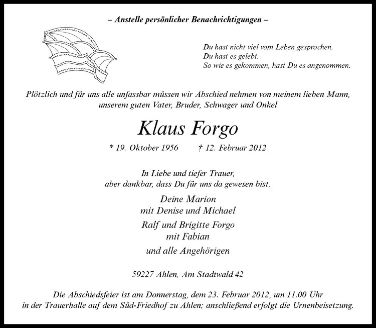  Traueranzeige für Klaus Forgo vom 14.02.2012 aus Westfälische Nachrichten