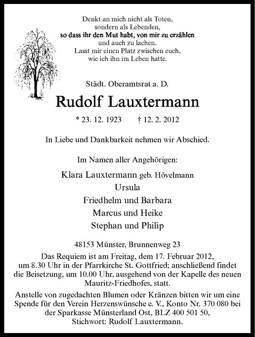  Traueranzeige für Rudolf Lauxtermann vom 14.02.2012 aus Westfälische Nachrichten