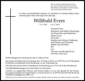Anzeige von Willibald Evers von Westfälische Nachrichten