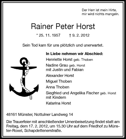  Traueranzeige für Rainer Peter Horst Rainer Peter vom 15.02.2012 aus Westfälische Nachrichten