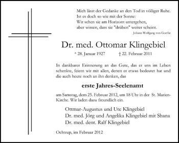 Anzeige von Ottomar Klingebiel von Westfälische Nachrichten