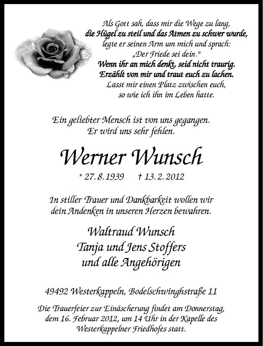  Traueranzeige für Werner Wunsch vom 15.02.2012 aus Westfälische Nachrichten