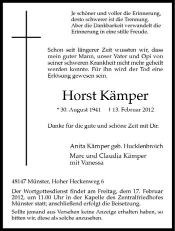 Anzeige von Horst Kämper von Westfälische Nachrichten