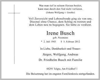 Anzeige von Irene Busch von Westfälische Nachrichten
