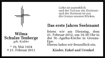 Anzeige von Wilma Schulze Tenberge von Westfälische Nachrichten