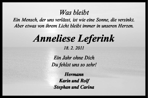  Traueranzeige für Anneliese Leferink vom 18.02.2012 aus Westfälische Nachrichten