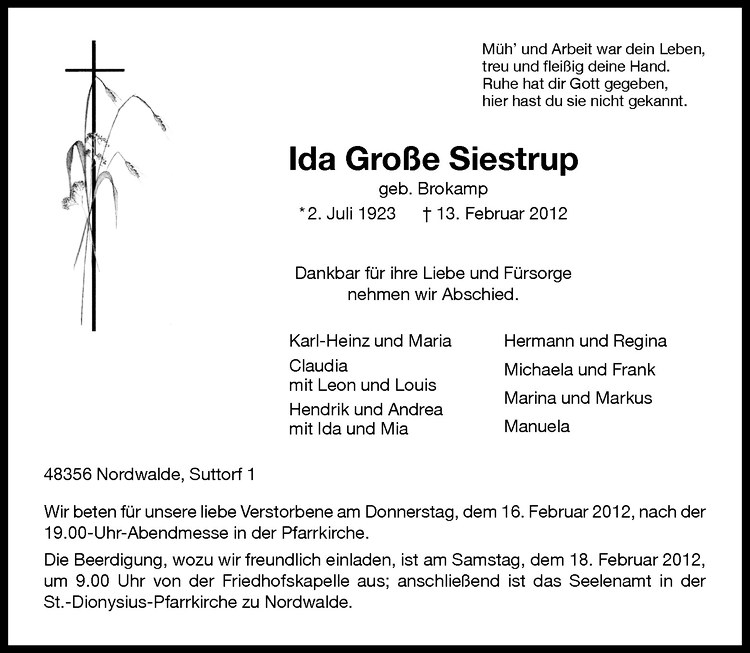 Traueranzeige für Ida Große Siestrup vom 16.02.2012 aus Westfälische Nachrichten