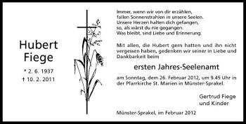 Anzeige von Hubert Fiege von Westfälische Nachrichten