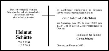 Anzeige von Helmut Schütte von Westfälische Nachrichten