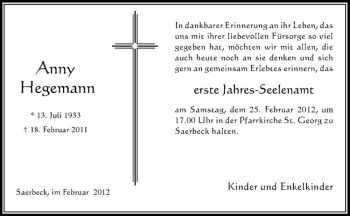 Anzeige von Anny Hegemann von Westfälische Nachrichten