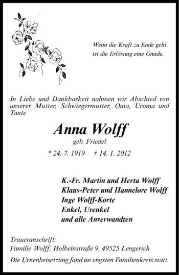 Anzeige von Anna Wolff von Westfälische Nachrichten