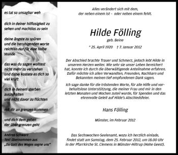 Anzeige von Hilde Fölling von Westfälische Nachrichten