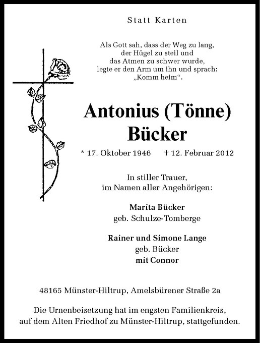  Traueranzeige für Antonius Bücker vom 22.02.2012 aus Westfälische Nachrichten
