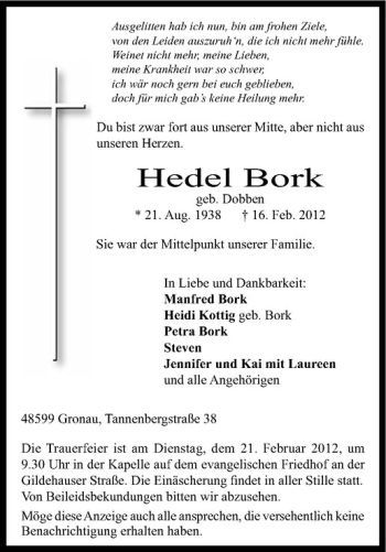 Anzeige von Hedel Bork von Westfälische Nachrichten