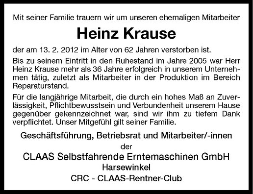  Traueranzeige für Heinz Krause vom 18.02.2012 aus Westfälische Nachrichten