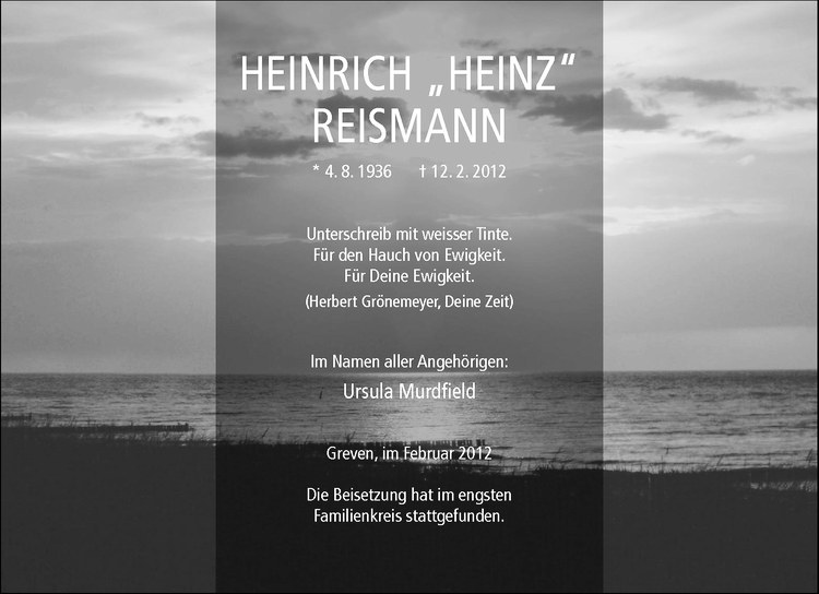  Traueranzeige für Heinrich Reismann vom 22.02.2012 aus Westfälische Nachrichten