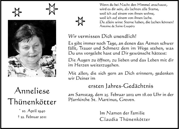  Traueranzeige für Anneliese Thünenkötter vom 18.02.2012 aus Westfälische Nachrichten
