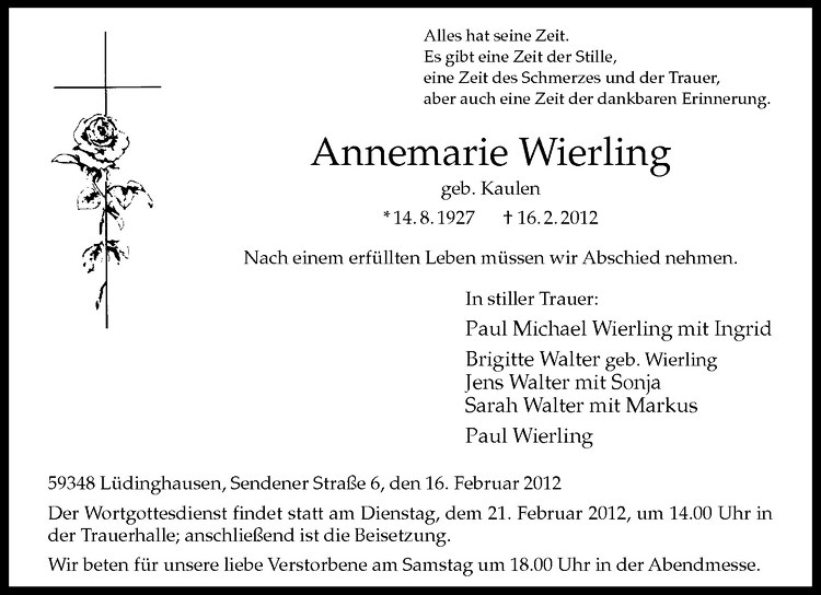  Traueranzeige für Annemarie Wierling vom 18.02.2012 aus Westfälische Nachrichten