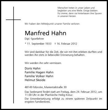 Anzeige von Manfred Hahn von Westfälische Nachrichten