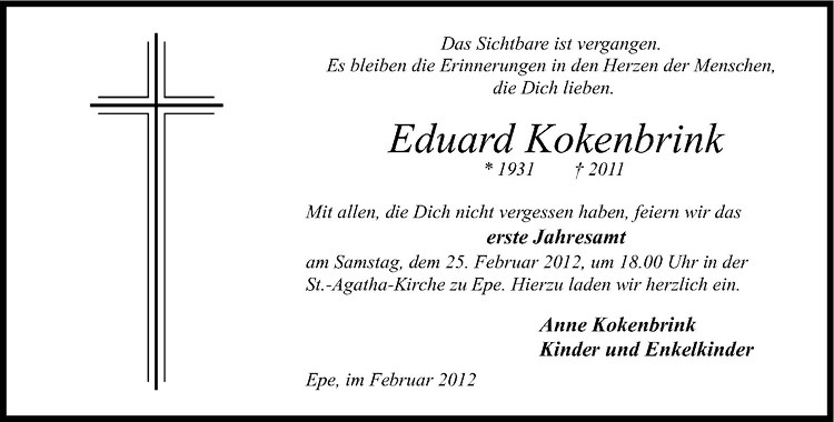  Traueranzeige für Eduard Kokenbrink vom 18.02.2012 aus Westfälische Nachrichten